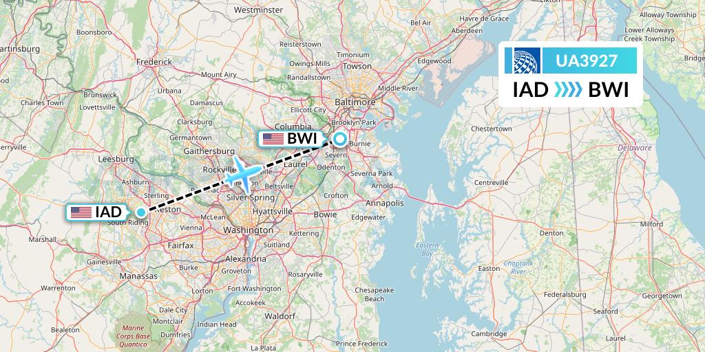 UA3927 United Airlines Flight Map: Washington to Baltimore