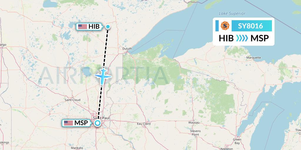 SY8016 Sun Country Airlines Flight Map: Hibbing to Minneapolis