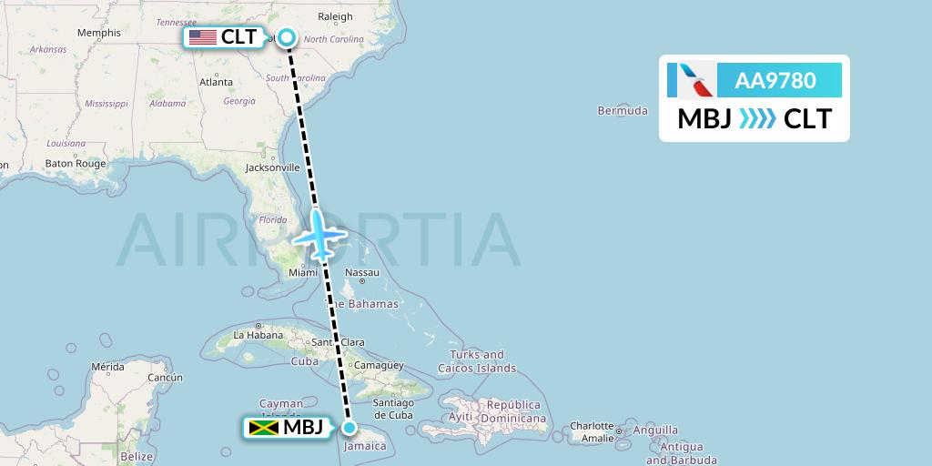 AA9780 American Airlines Flight Map: Montego Bay to Charlotte
