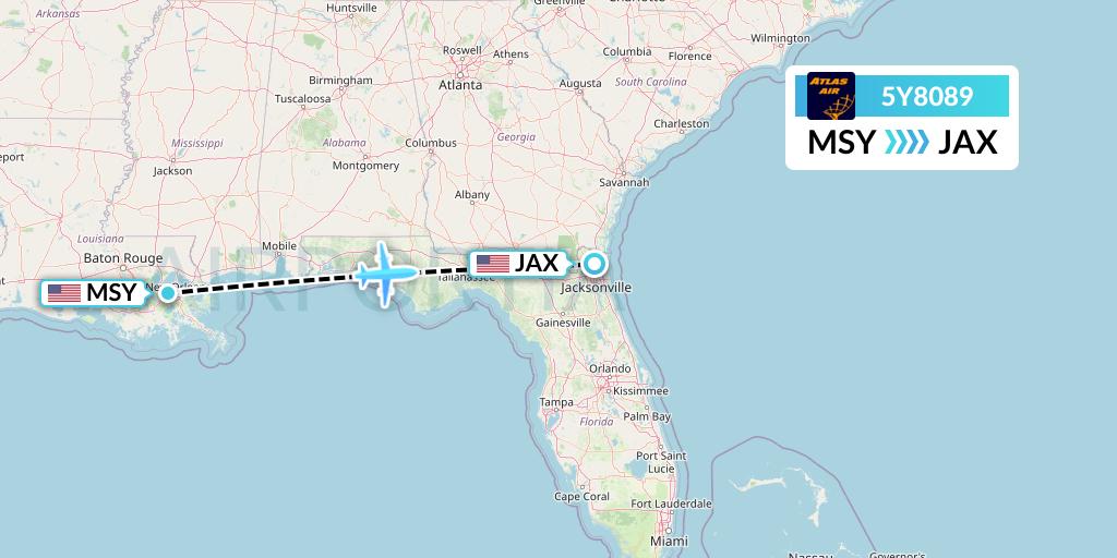 5Y8089 Atlas Air Flight Map: New Orleans to Jacksonville