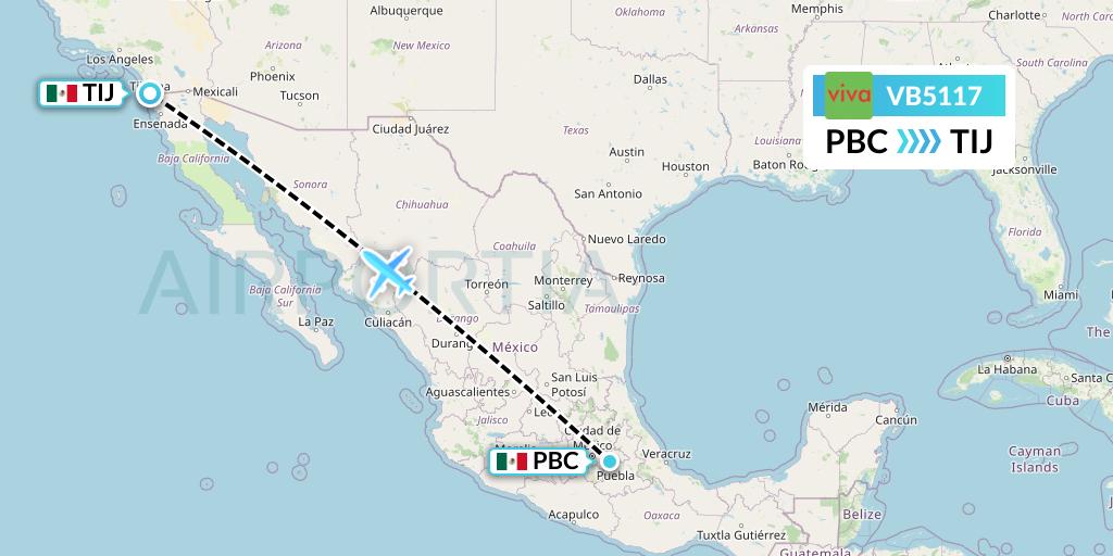 VB5117 VivaAerobus Flight Map: Puebla to Tijuana