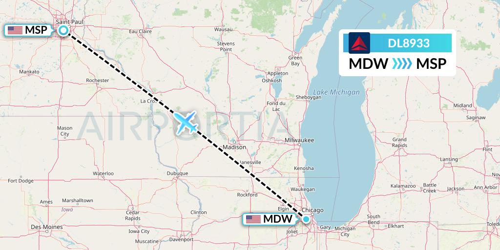 DL8933 Delta Air Lines Flight Map: Chicago to Minneapolis