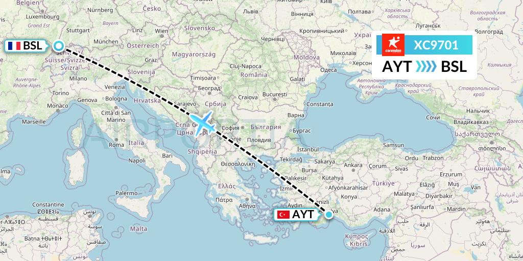 XC9701 Corendon Airlines Flight Map: Antalya to Basel