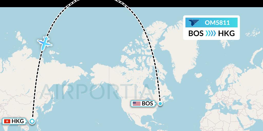 OM5811 MIAT Mongolian Airlines Flight Map: Boston to Hong Kong
