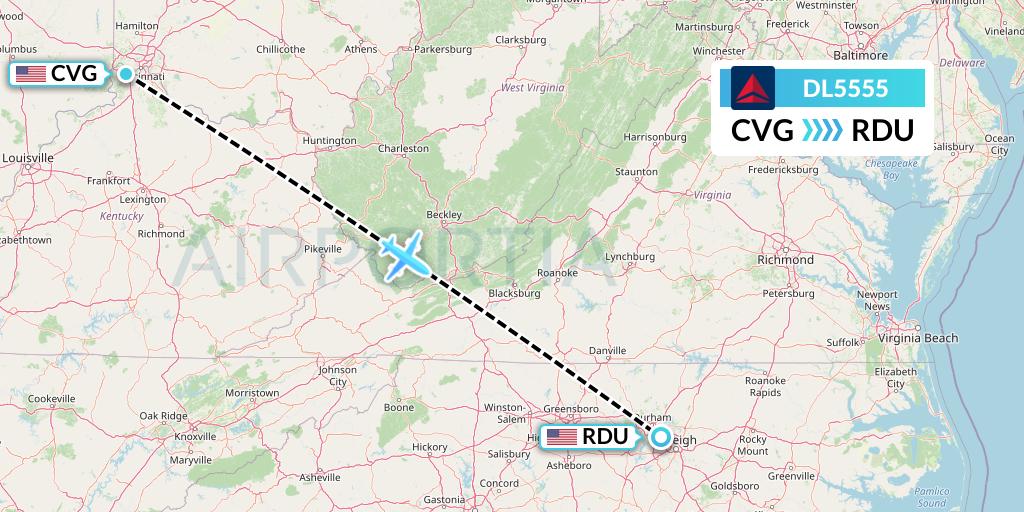 DL5555 Delta Air Lines Flight Map: Cincinnati to Raleigh-Durham
