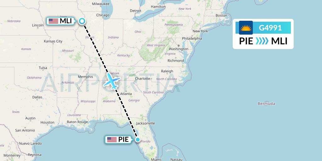 G4991 Allegiant Air Flight Map: St. Petersburg to Moline