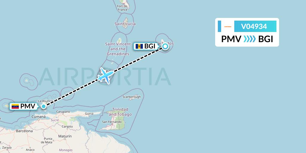 V04934 Conviasa Flight Map: Porlamar to Bridgetown