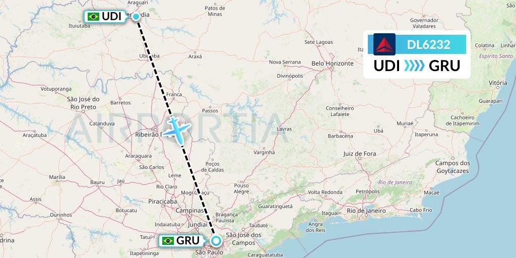 DL6232 Delta Air Lines Flight Map: Uberlandia to Sao Paulo