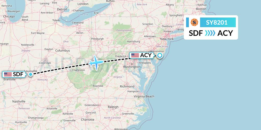 SY8201 Sun Country Airlines Flight Map: Louisville to Atlantic City