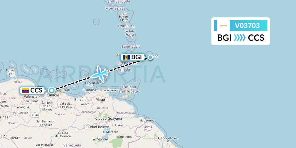 V03703 Conviasa Flight Map: Bridgetown to Caracas