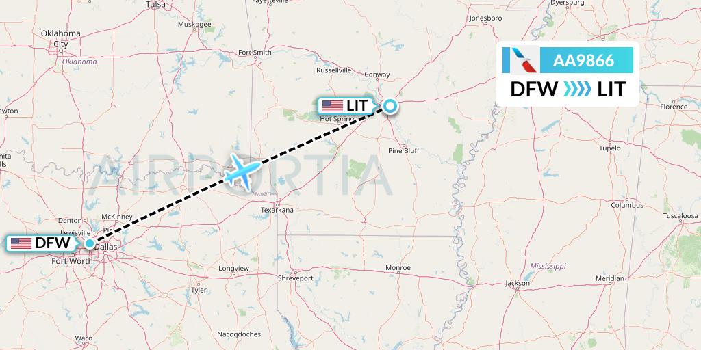 AA9866 American Airlines Flight Map: Dallas to Little Rock