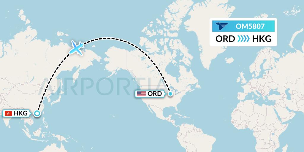 OM5807 MIAT Mongolian Airlines Flight Map: Chicago to Hong Kong