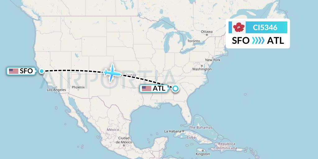 CI5346 China Airlines Flight Map: San Francisco to Atlanta