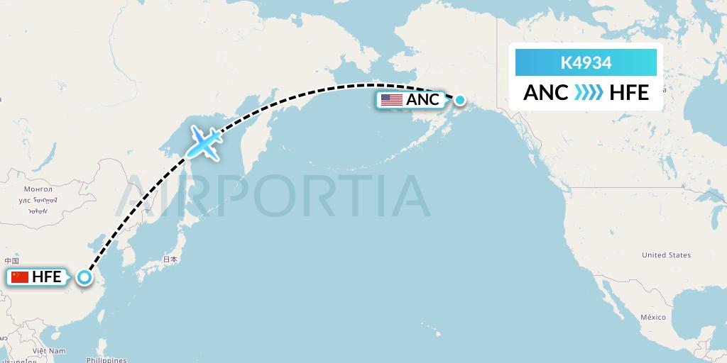 K4934 Kalitta Air Flight Map: Anchorage to Hefei