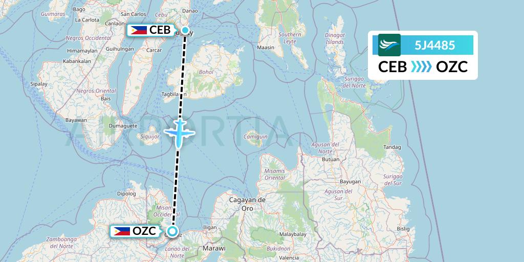 5J4485 CEBU Pacific Air Flight Map: Cebu to Ozamiz