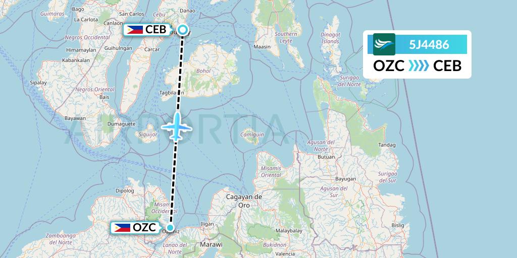 5J4486 CEBU Pacific Air Flight Map: Ozamiz to Cebu