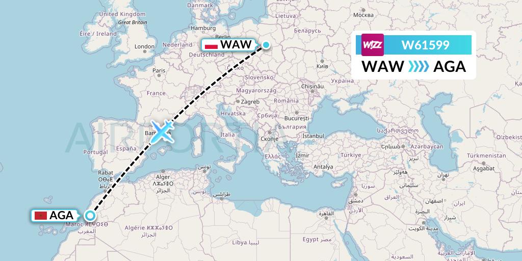 W61599 Wizz Air Flight Map: Warsaw to Agadir
