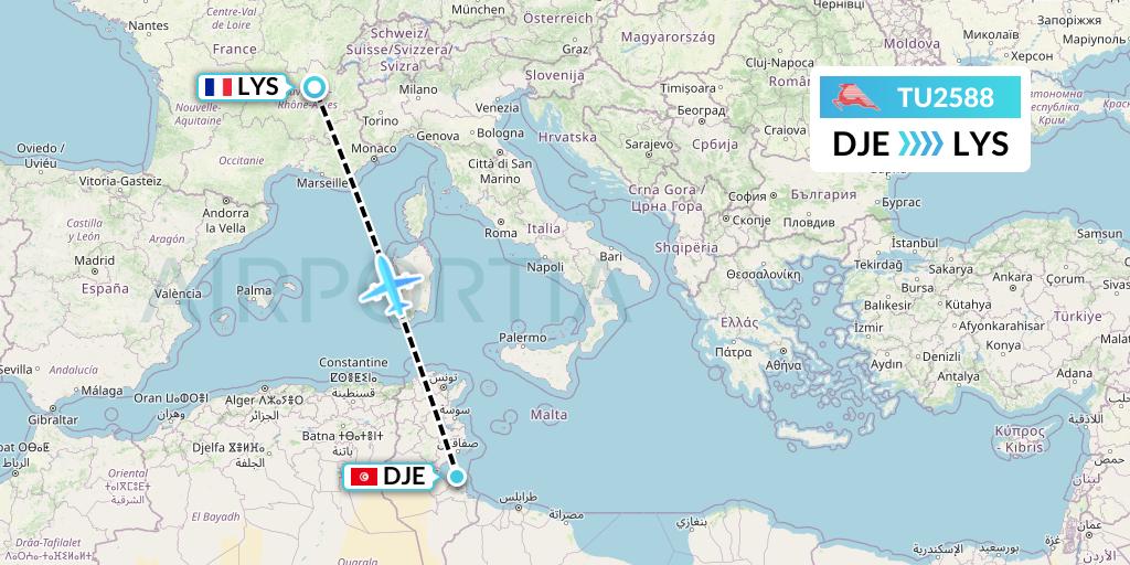 TU2588 Tunisair Flight Map: Djerba to Lyon