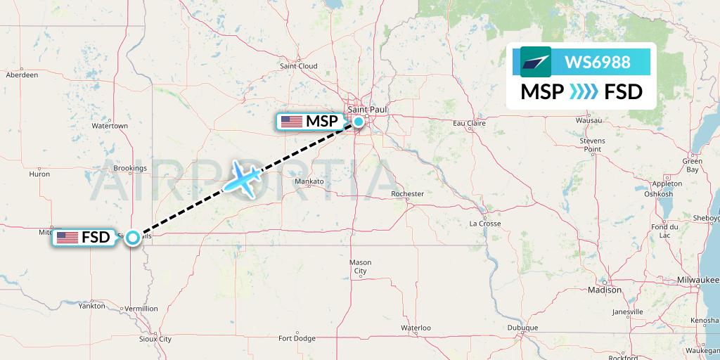 WS6988 WestJet Flight Map: Minneapolis to Sioux Falls