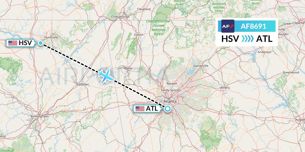 AF8691 Air France Flight Map: Huntsville to Atlanta
