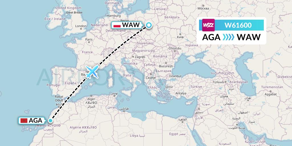 W61600 Wizz Air Flight Map: Agadir to Warsaw