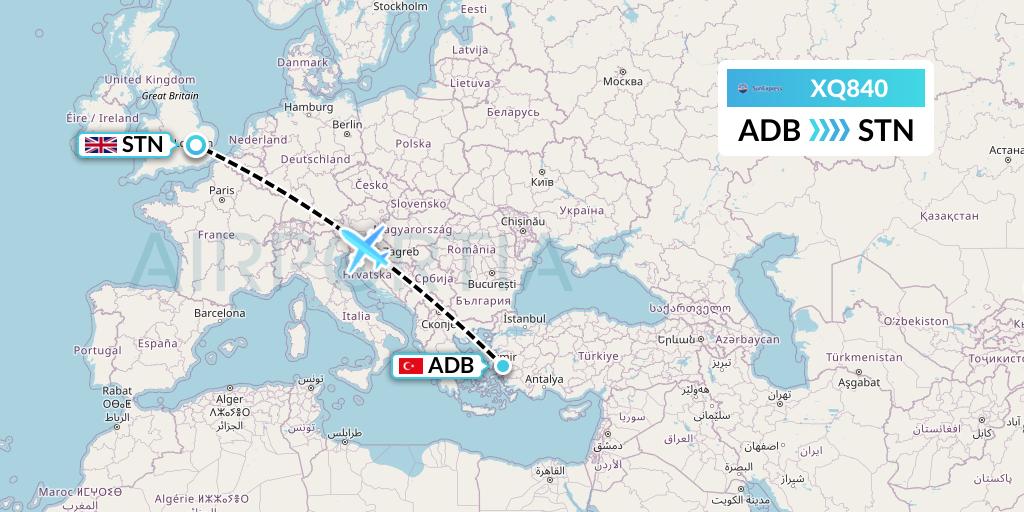 XQ840 SunExpress Flight Map: Izmir to London