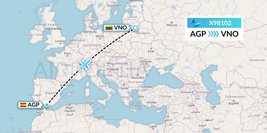 X98102 Avion Express Flight Map: Malaga to Vilnius