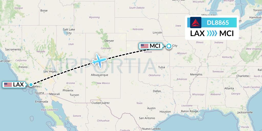 DL8865 Delta Air Lines Flight Map: Los Angeles to Kansas City