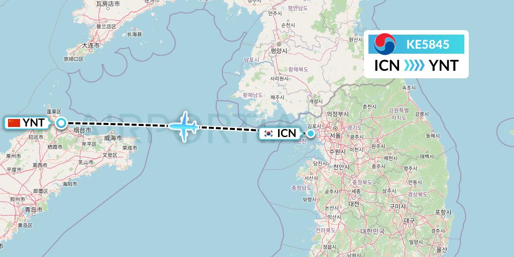 KE5845 Korean Air Flight Map: Seoul to Yantai