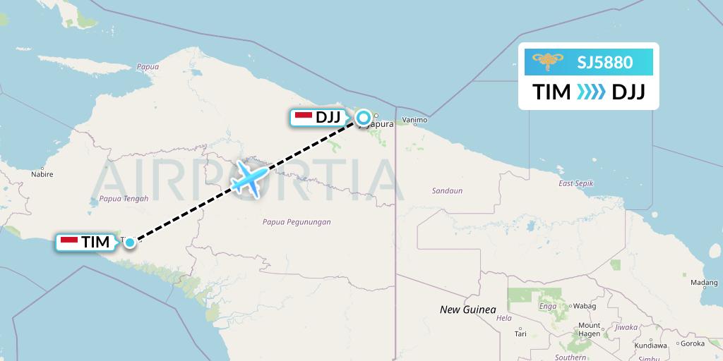 SJ5880 Sriwijaya Air Flight Map: Timika to Jayapura