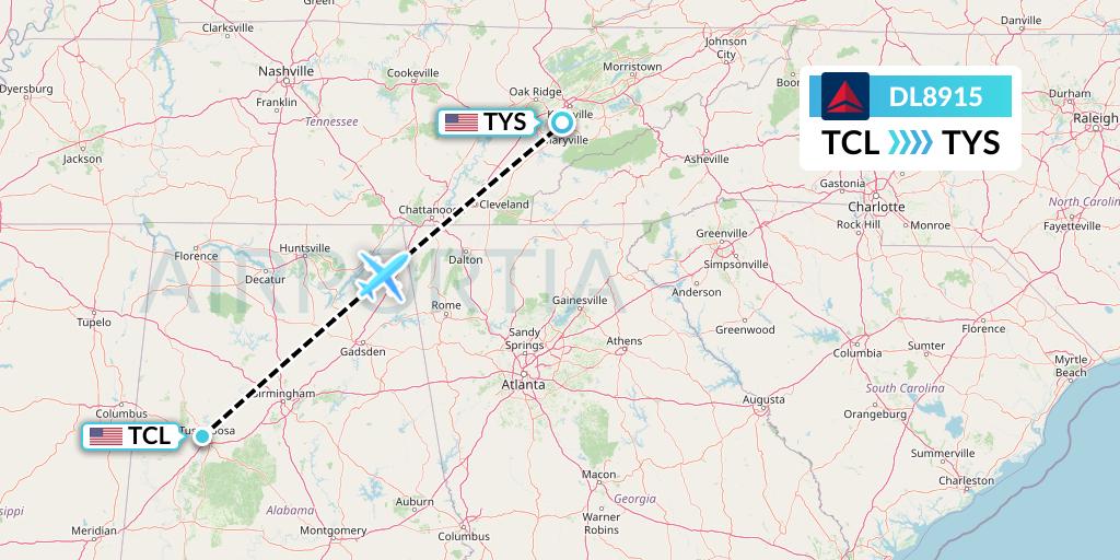 DL8915 Delta Air Lines Flight Map: Tuscaloosa to Knoxville