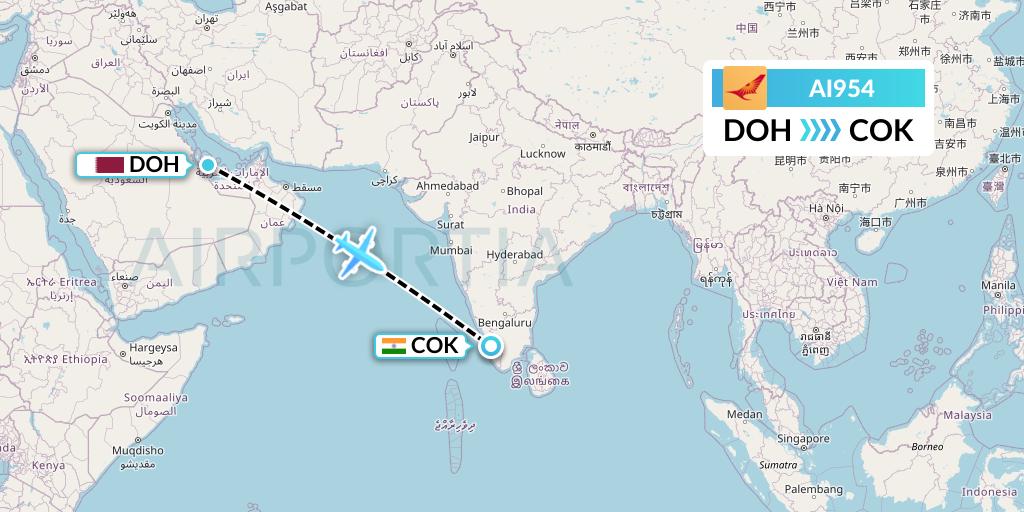 AI954 Air India Flight Map: Doha to Cochin