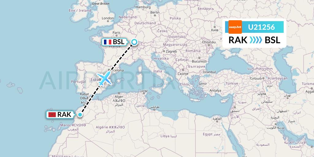 U21256 EasyJet Flight Map: Marrakesh to Basel