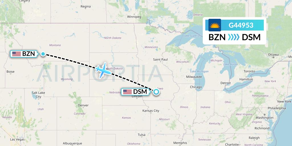 G44953 Allegiant Air Flight Map: Bozeman to Des Moines