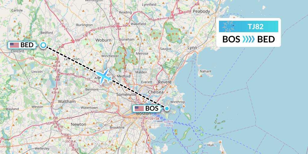 TJ82 Tradewind Aviation Flight Map: Boston to Bedford