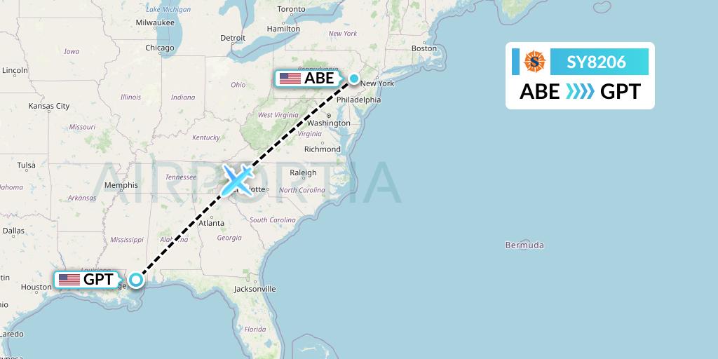 SY8206 Sun Country Airlines Flight Map: Allentown to Gulfport