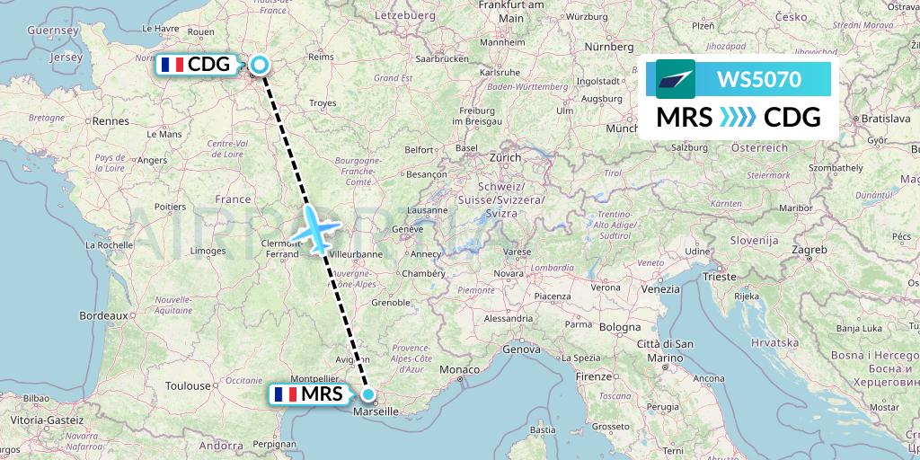 WS5070 WestJet Flight Map: Marseille to Paris