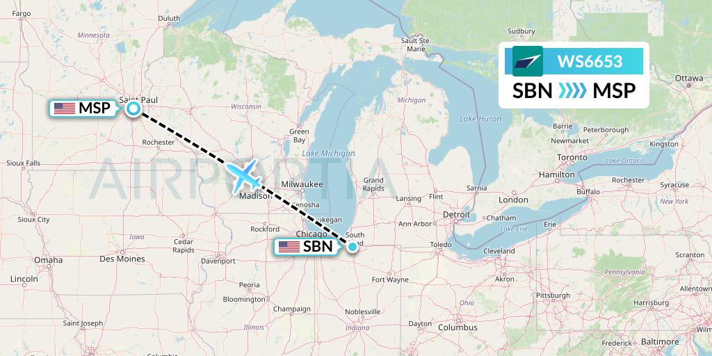 WS6653 Flight Status WestJet South Bend to Minneapolis (WJA6653)