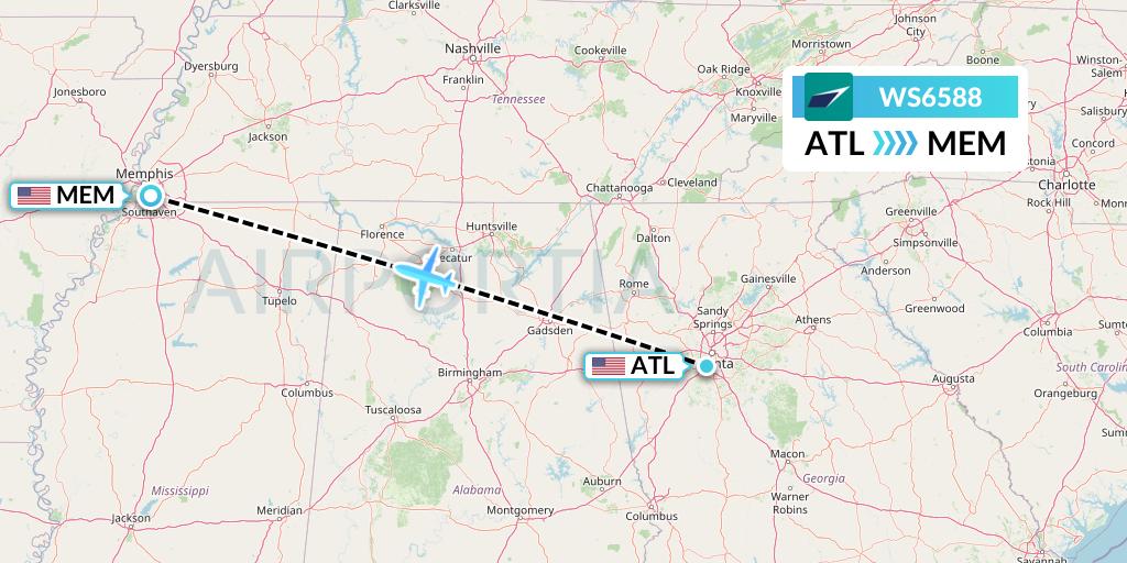 WS6588 WestJet Flight Map: Atlanta to Memphis