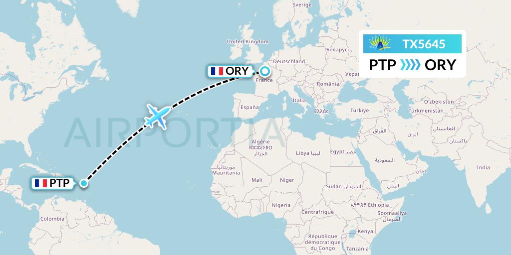 TX5645 Air Caraibes Flight Map: Pointe-a-Pitre to Paris