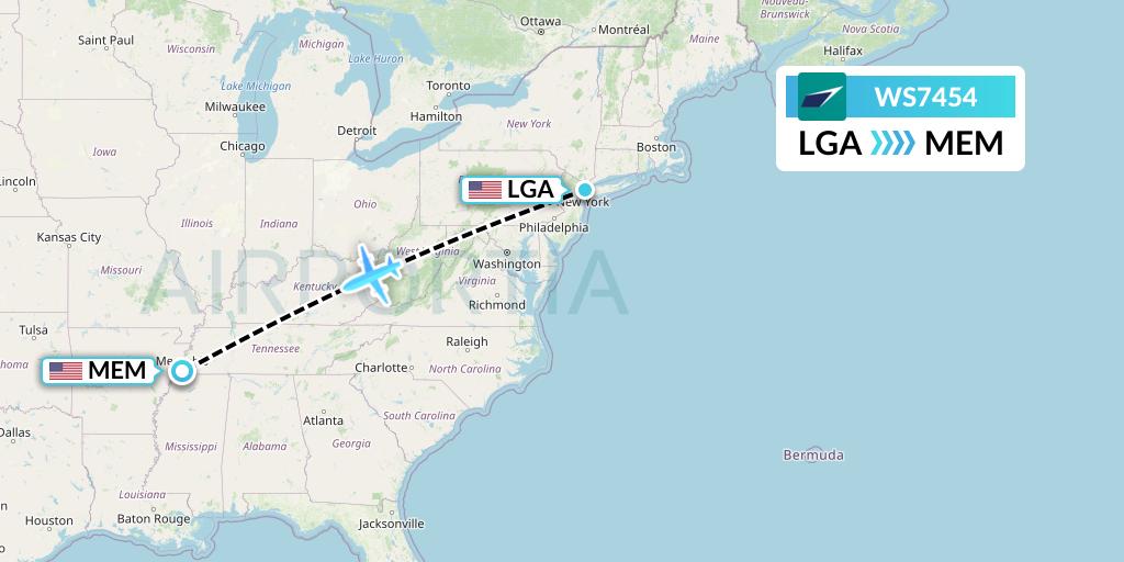 WS7454 WestJet Flight Map: New York to Memphis