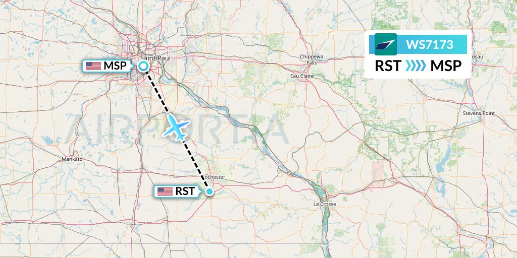 WS7173 WestJet Flight Map: Rochester to Minneapolis