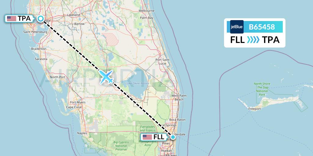 B65458 JetBlue Airways Flight Map: Fort Lauderdale to Tampa