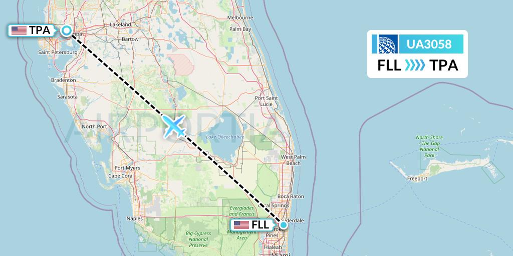 UA3058 United Airlines Flight Map: Fort Lauderdale to Tampa