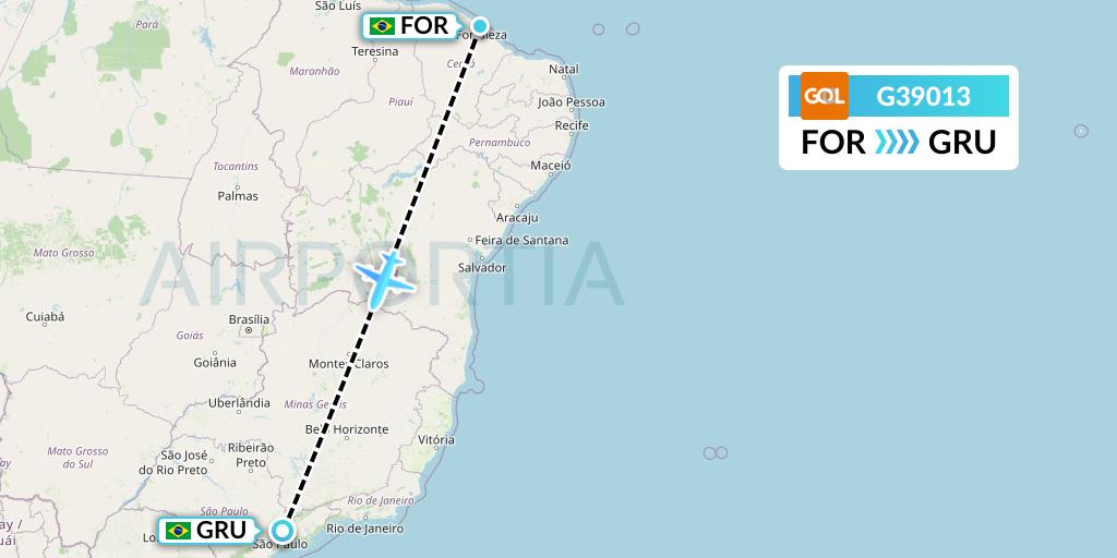 G39013 GOL Transportes Aeros Flight Map: Fortaleza to Sao Paulo