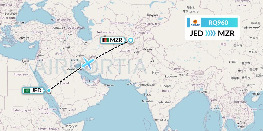 RQ960 Kam Air Flight Map: Jeddah to Mazar-I-Sharif