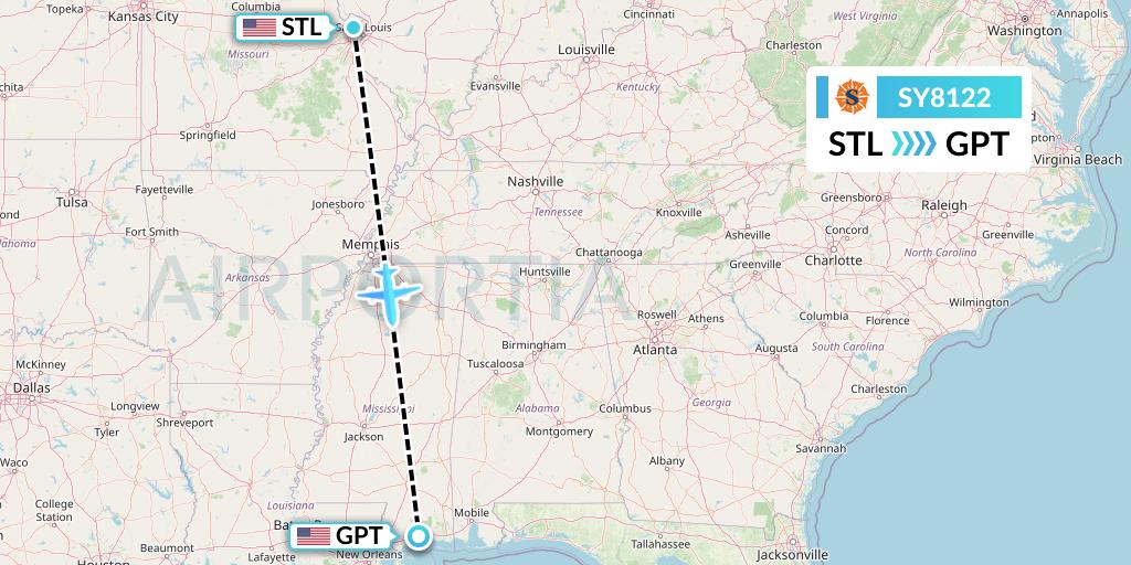 SY8122 Sun Country Airlines Flight Map: St. Louis to Gulfport