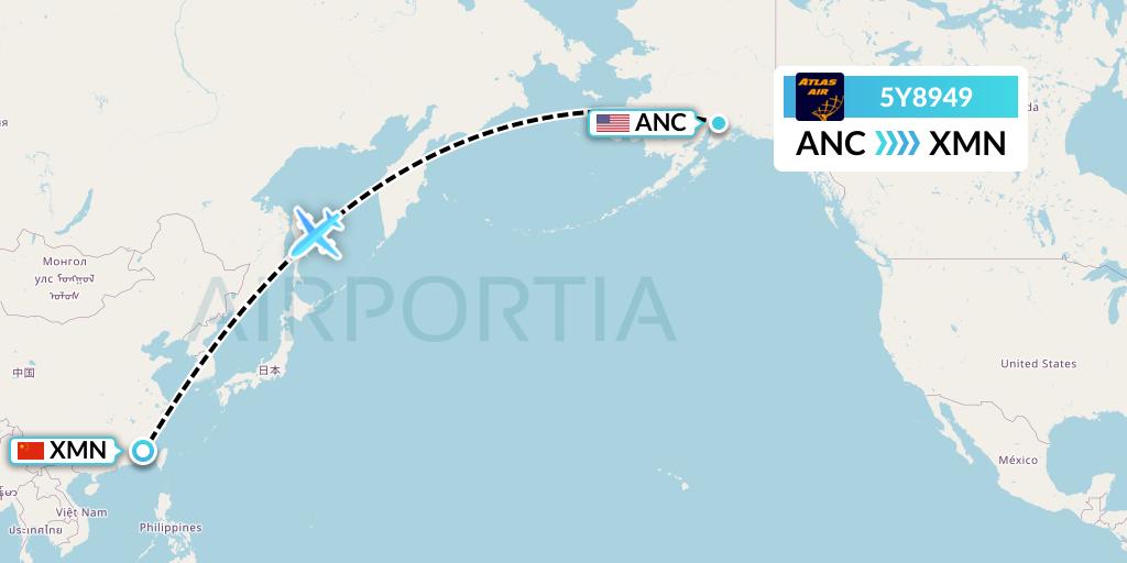 5Y8949 Atlas Air Flight Map: Anchorage to Xiamen