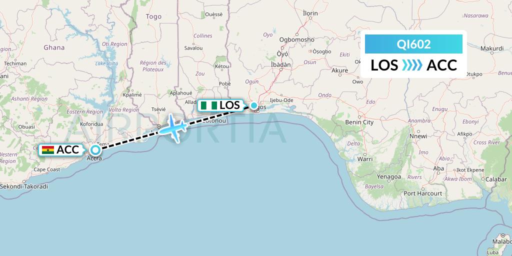 QI602 Ibom Air Flight Map: Lagos to Accra