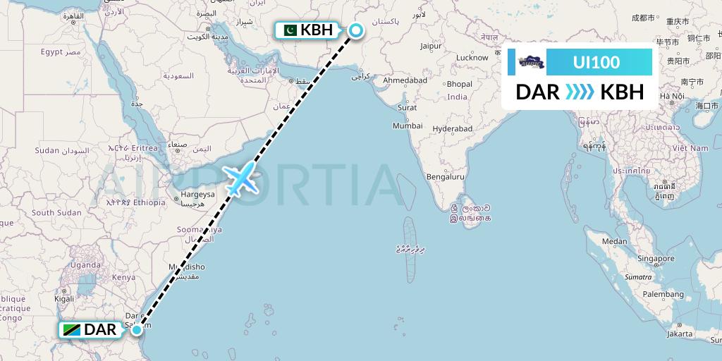 UI100 Auric Air Flight Map: Dar-es-Salaam to Kalat